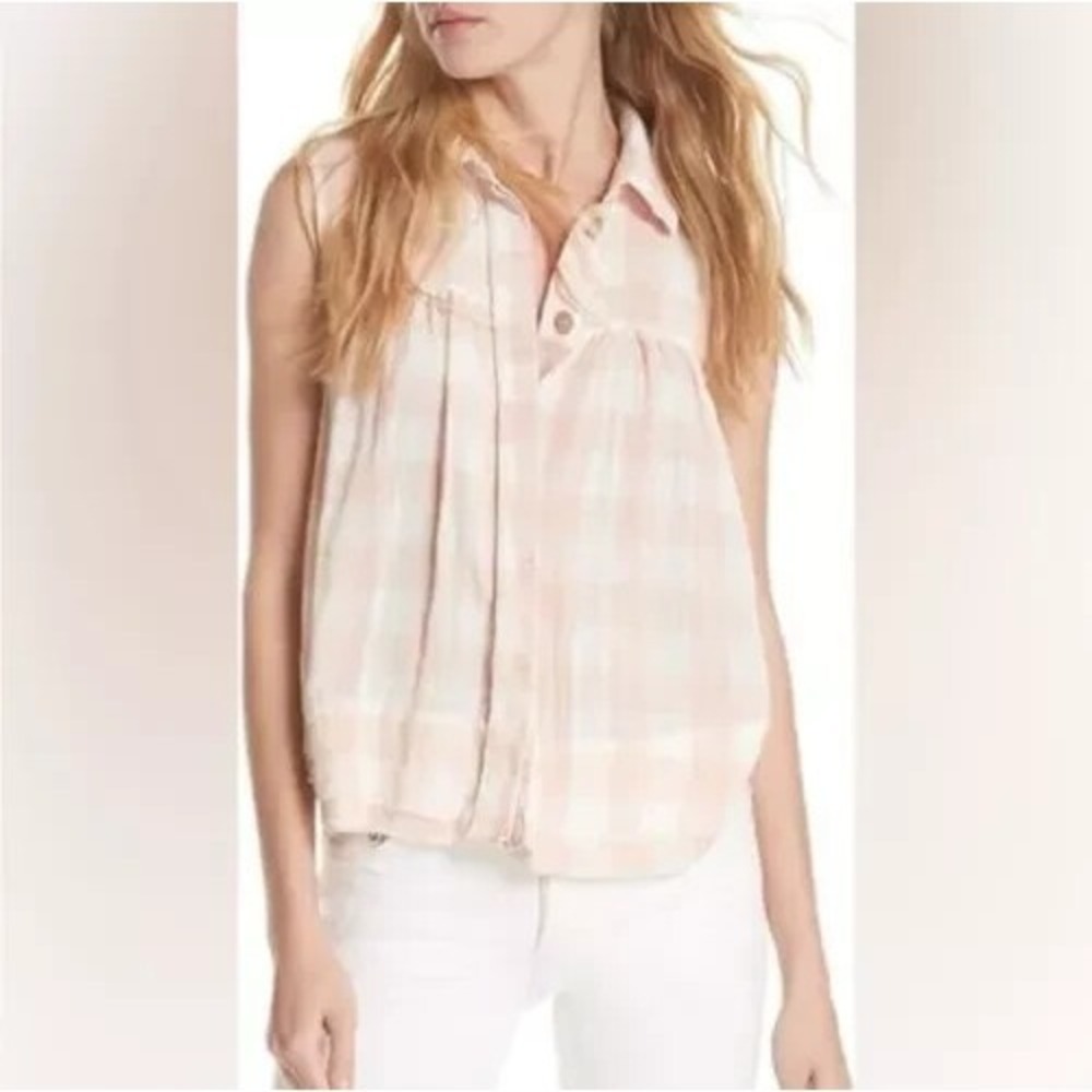 Free People Hey There Sunrise Button Up‎ Shirt Pink White Checked XS NWT